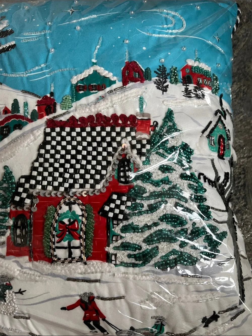 Mackenzie Childs Alpine Scene pillow! 18x18! Holiday Winter Village throw pillow